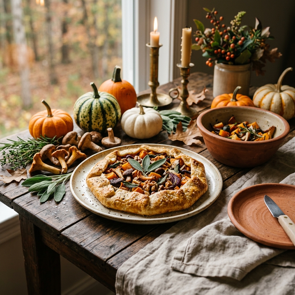 Table de saison rustique avec une tarte maison dorée, champignons sauvages, ocre et terracotta